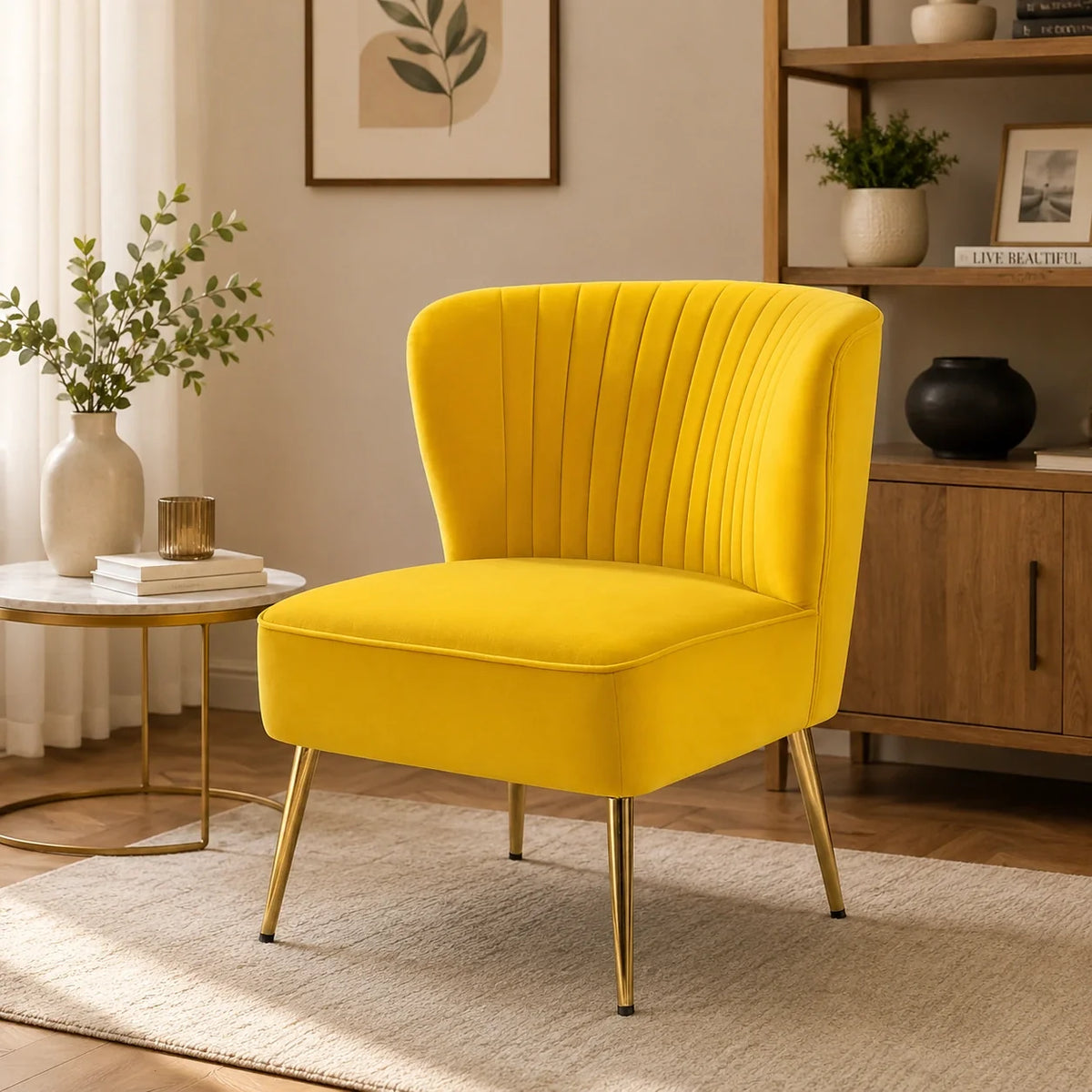Classic Style Curved Back Yellow Velvet Accent Chair