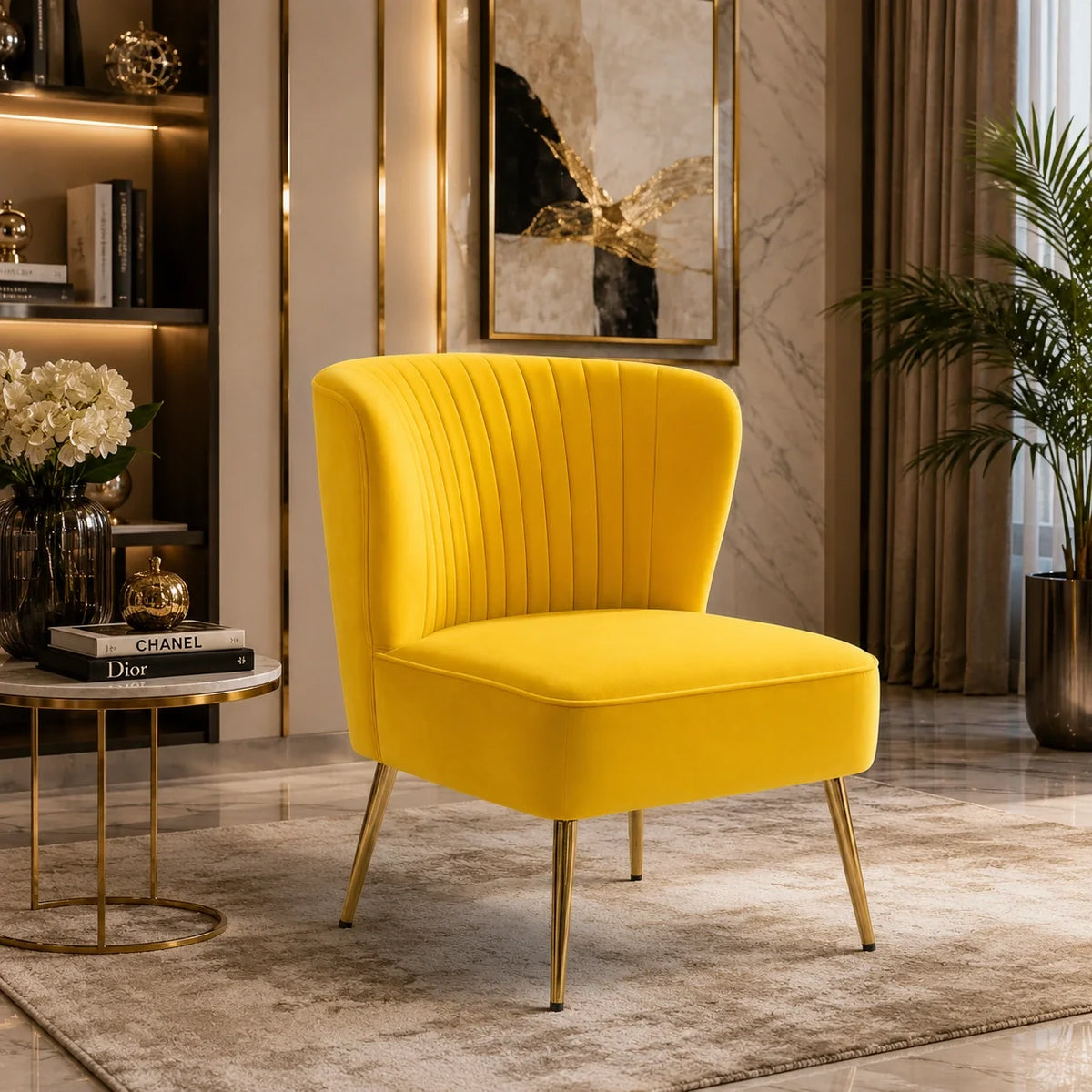 Classic Style Curved Back Yellow Velvet Accent Chair