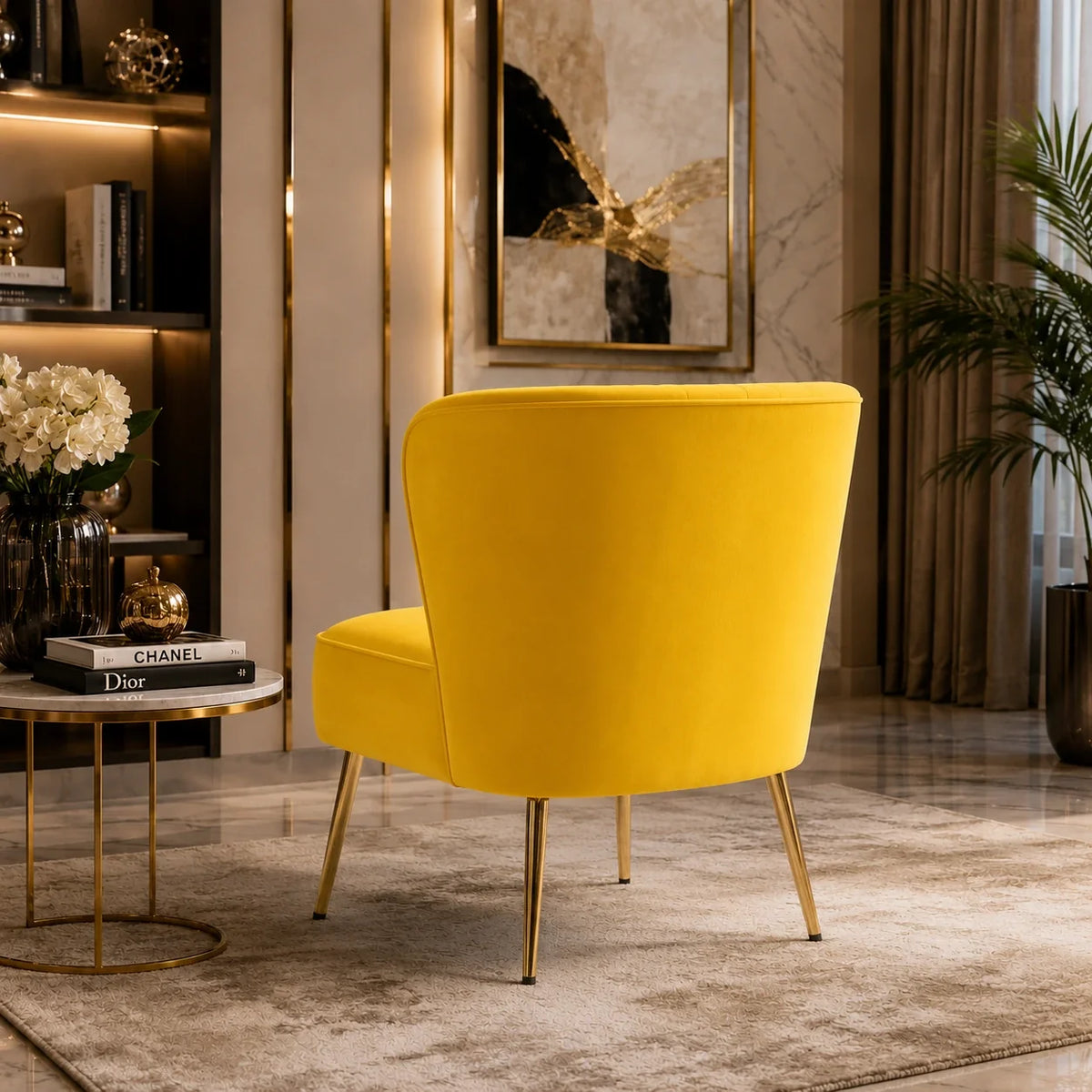 Classic Style Curved Back Yellow Velvet Accent Chair