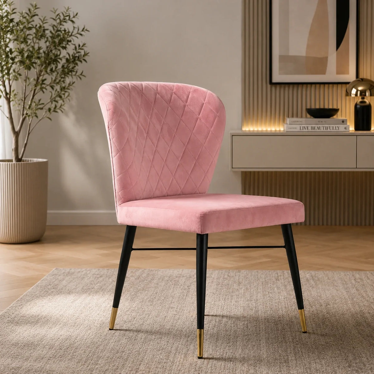 Classic Style Pink Velvet & Iron Dining Accent Chair