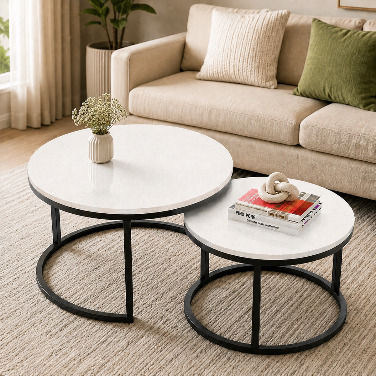 Classic White with Black Metallic Finish Round Coffee Table Set of 2