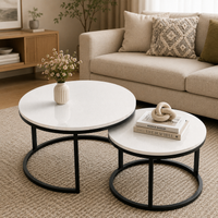 Classic White with Black Metallic Finish Round Coffee Table Set of 2