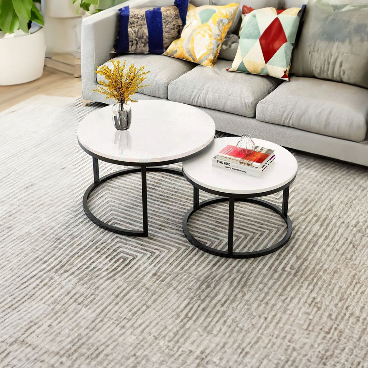 Classic White with Black Metallic Finish Round Coffee Table Set of 2