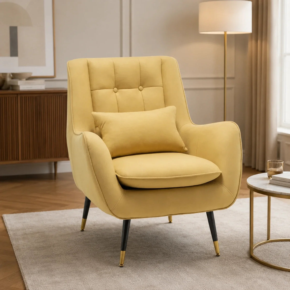 Classic Yellow Thick Padded Velvet Sofa Lounge Chair with Cushion