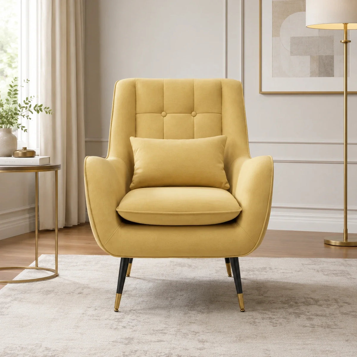 Classic Yellow Thick Padded Velvet Sofa Lounge Chair with Cushion
