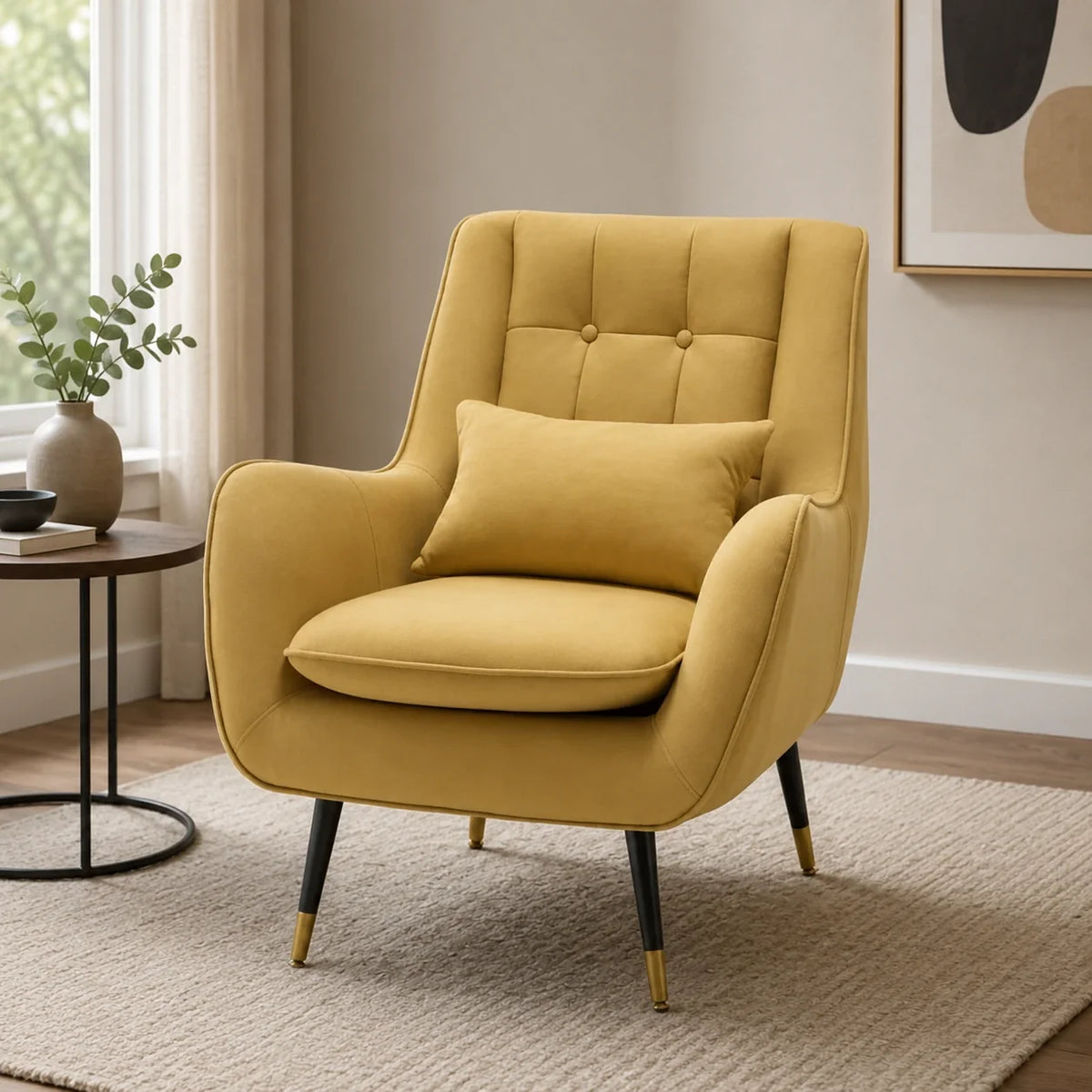 Classic Yellow Thick Padded Velvet Sofa Lounge Chair with Cushion