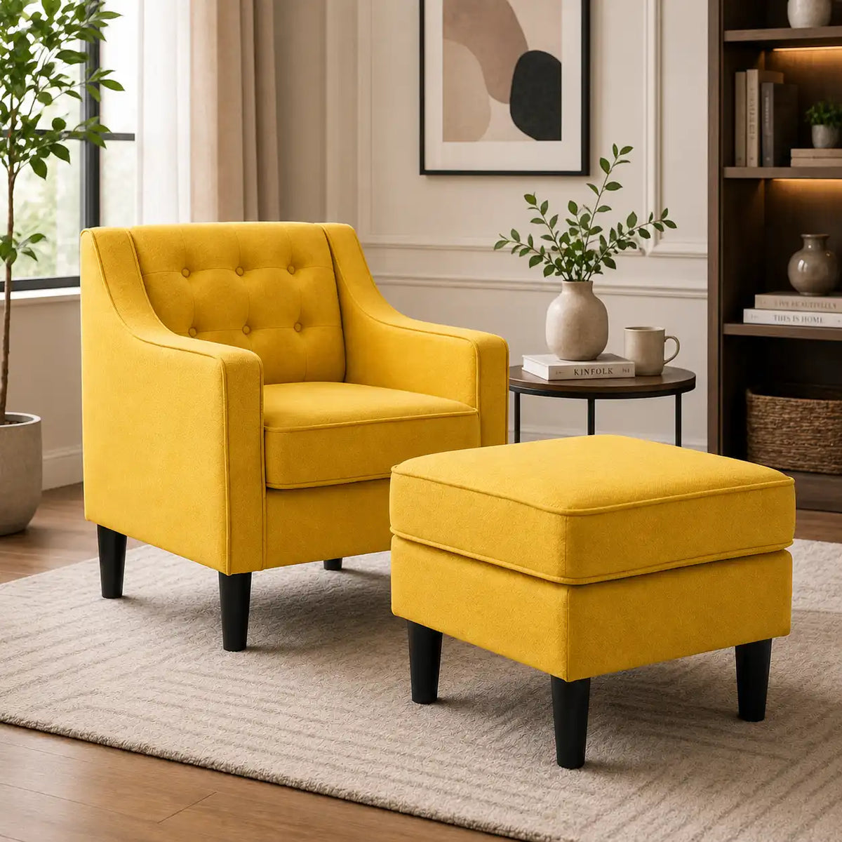 Classic Yellow Tufted Comfy Lounge Chair with Footrest
