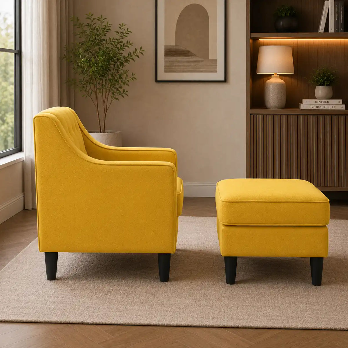 Classic Yellow Tufted Comfy Lounge Chair with Footrest