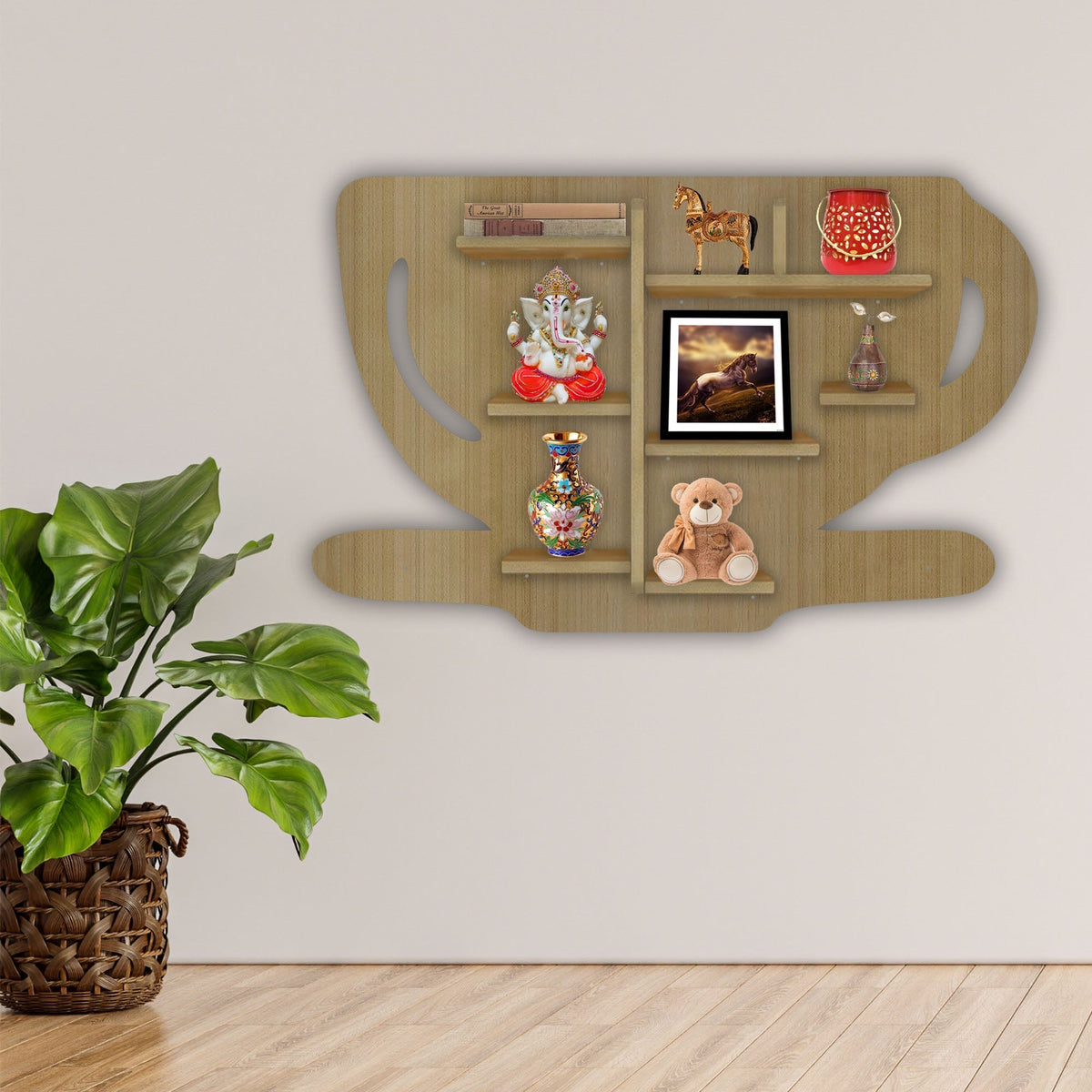 Coffee Cup Shape Wooden LED Light Wall Shelf with Oak Finish