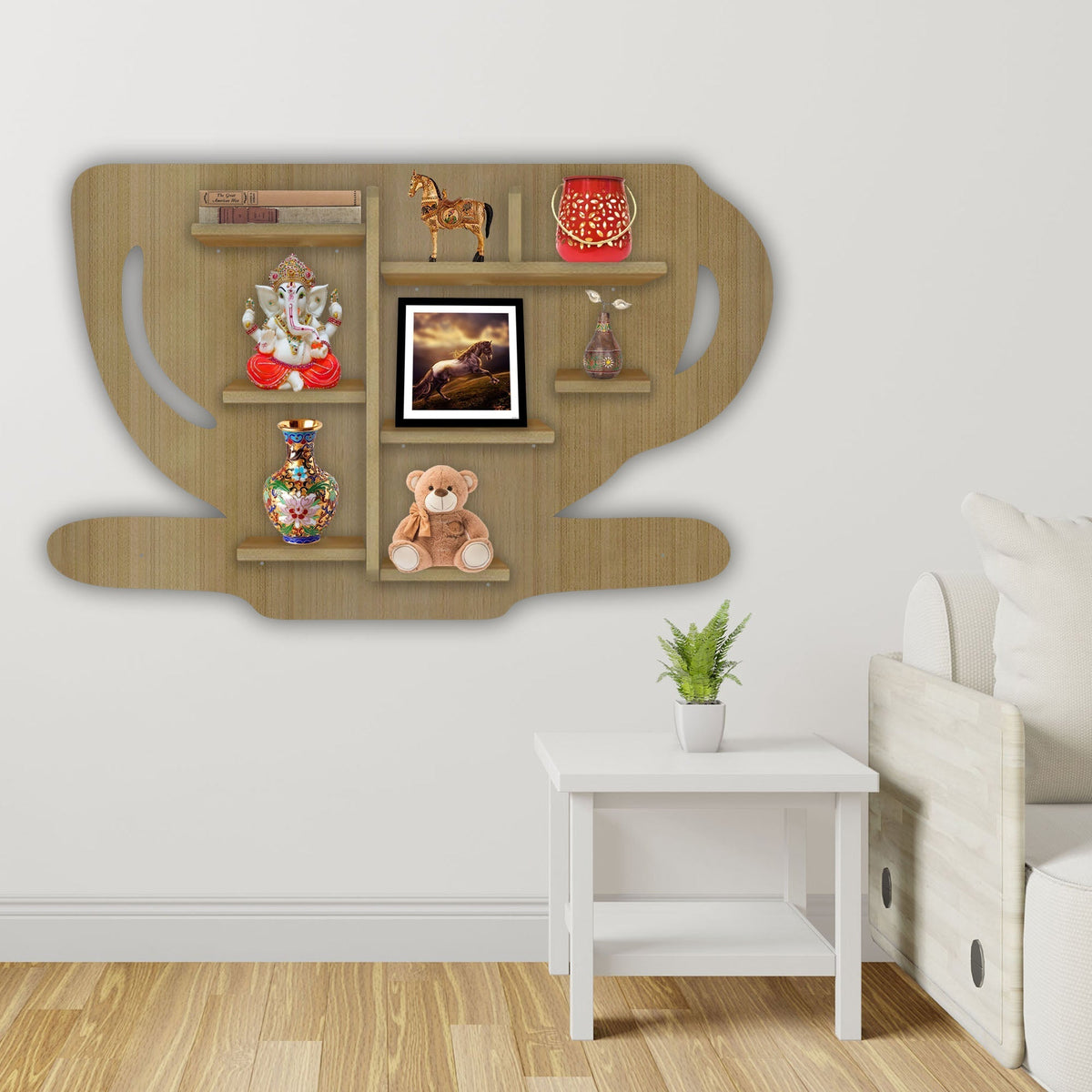 Coffee Cup Shape Wooden LED Light Wall Shelf with Oak Finish