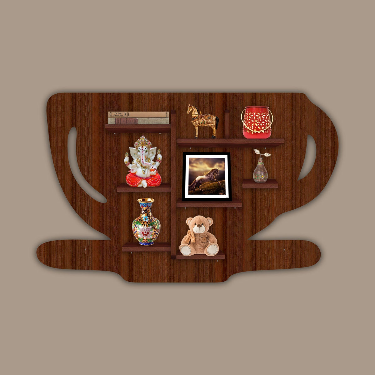Coffee Cup Shape Wooden LED Light Wall Shelf with Walnut Finish