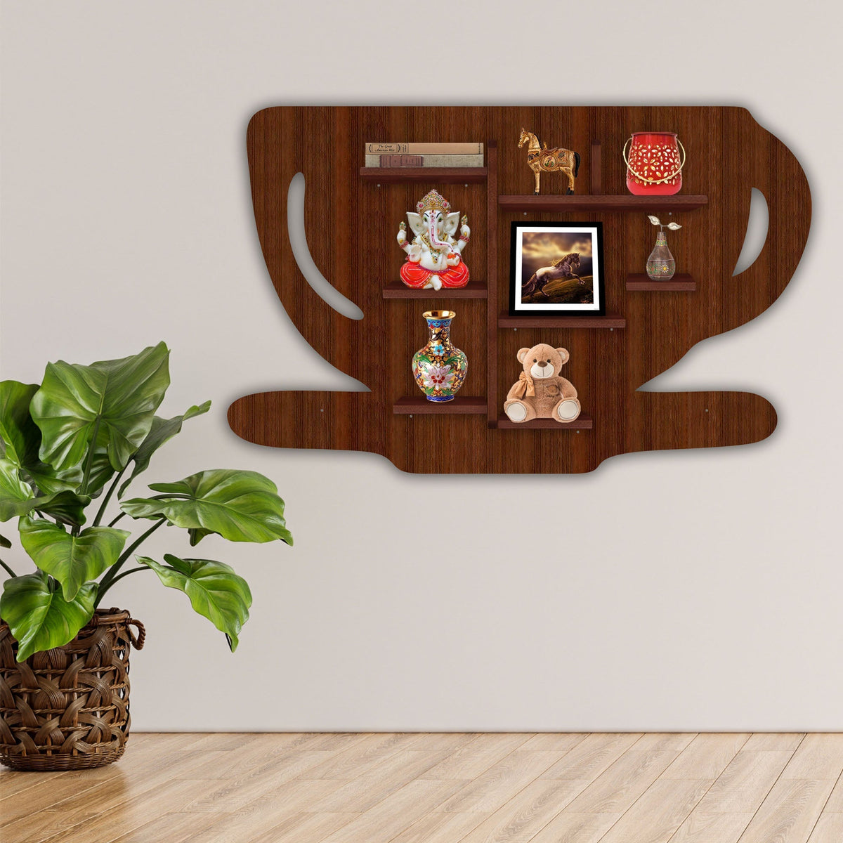 Coffee Cup Shape Wooden LED Light Wall Shelf with Walnut Finish