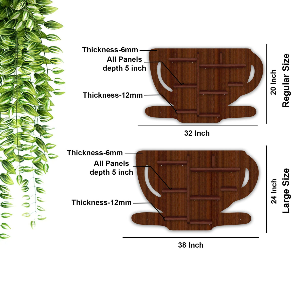 Coffee Cup Shape Wooden LED Light Wall Shelf with Walnut Finish