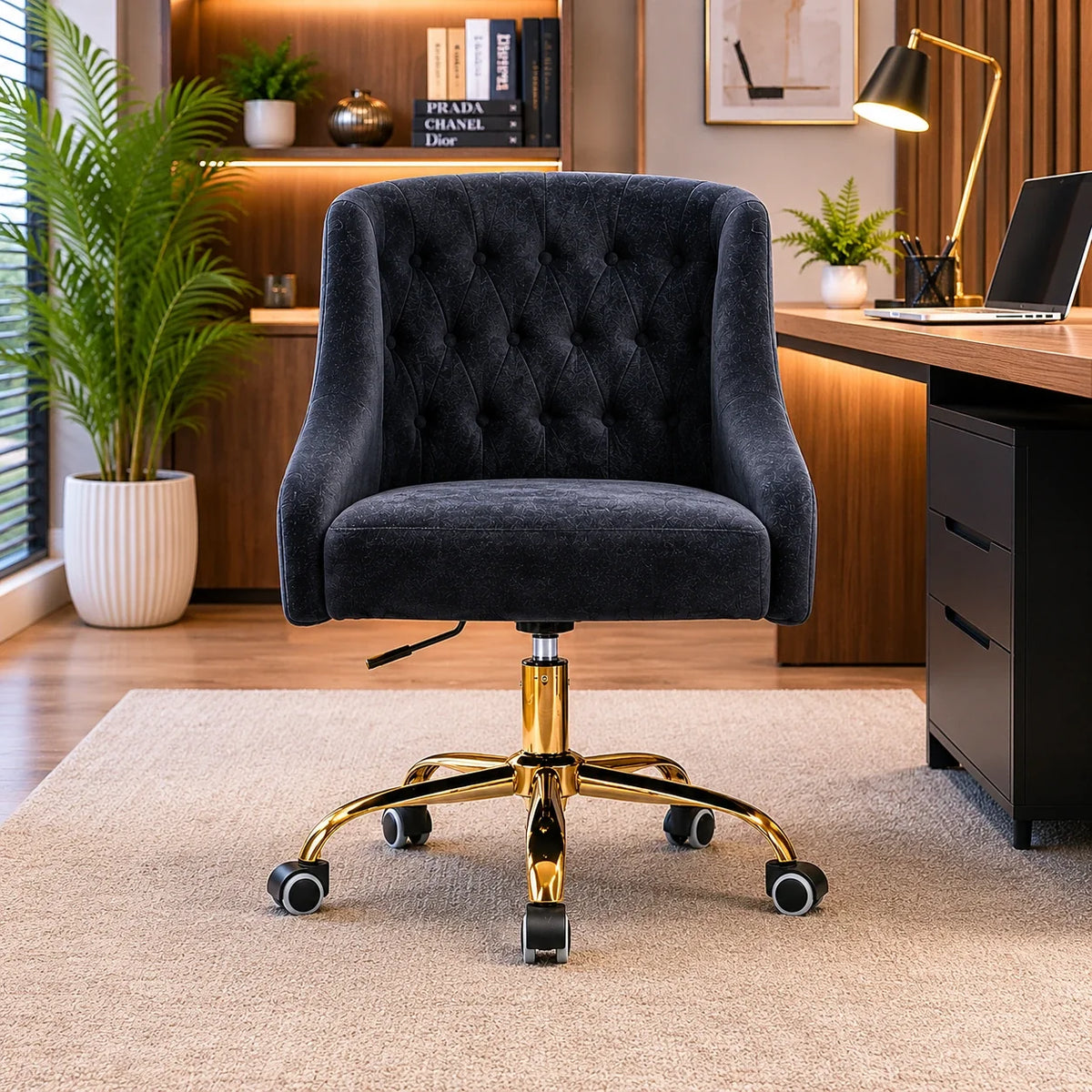 Comfort Tufted Back Black PU Foam Accent Chair with Golden Base