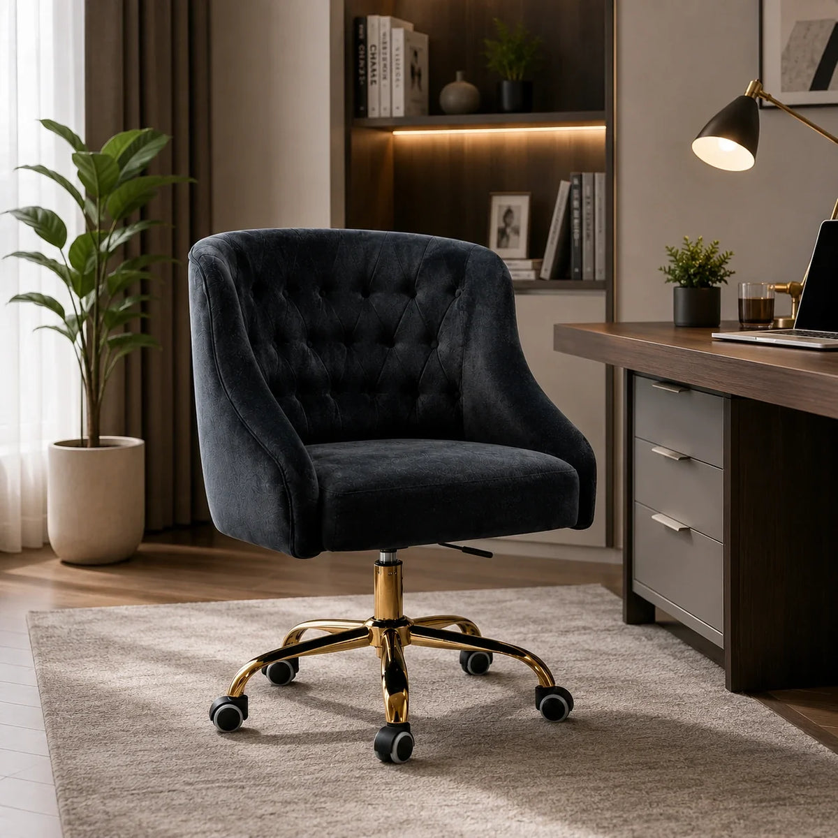 Comfort Tufted Back Black PU Foam Accent Chair with Golden Base