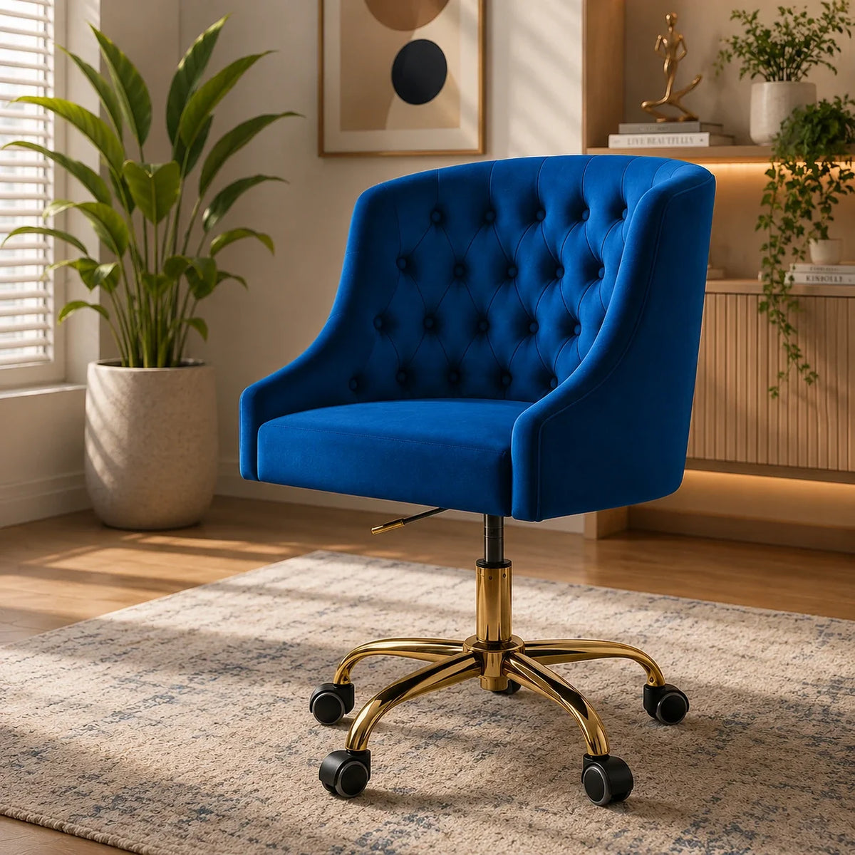 Comfort Tufted Back Blue PU Foam Accent Chair with Golden Base