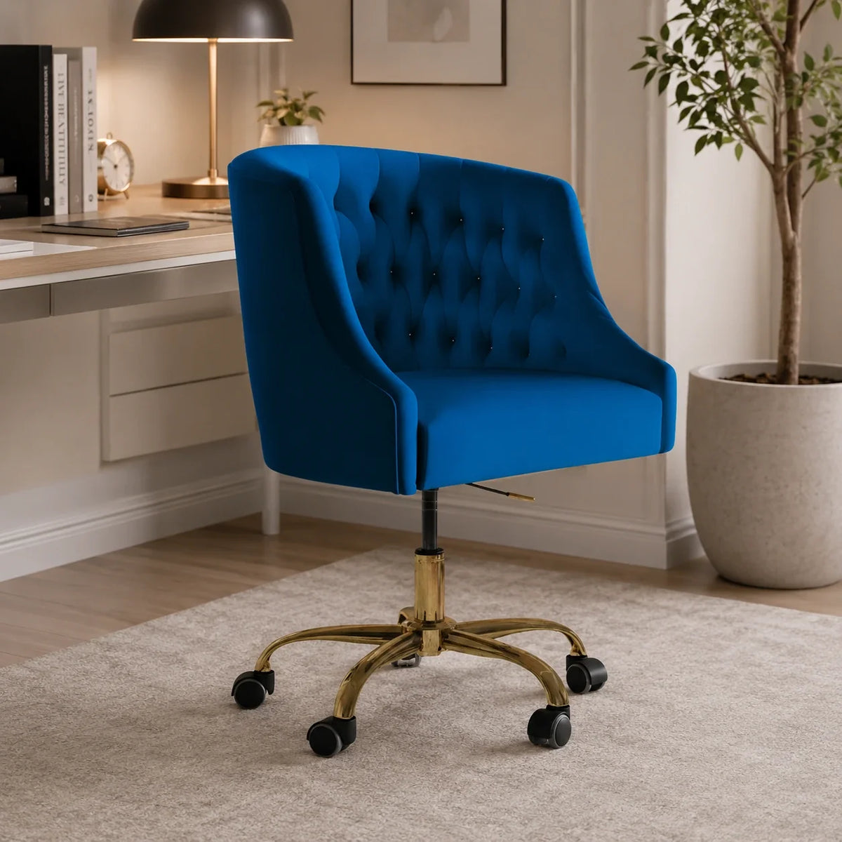 Comfort Tufted Back Blue PU Foam Accent Chair with Golden Base