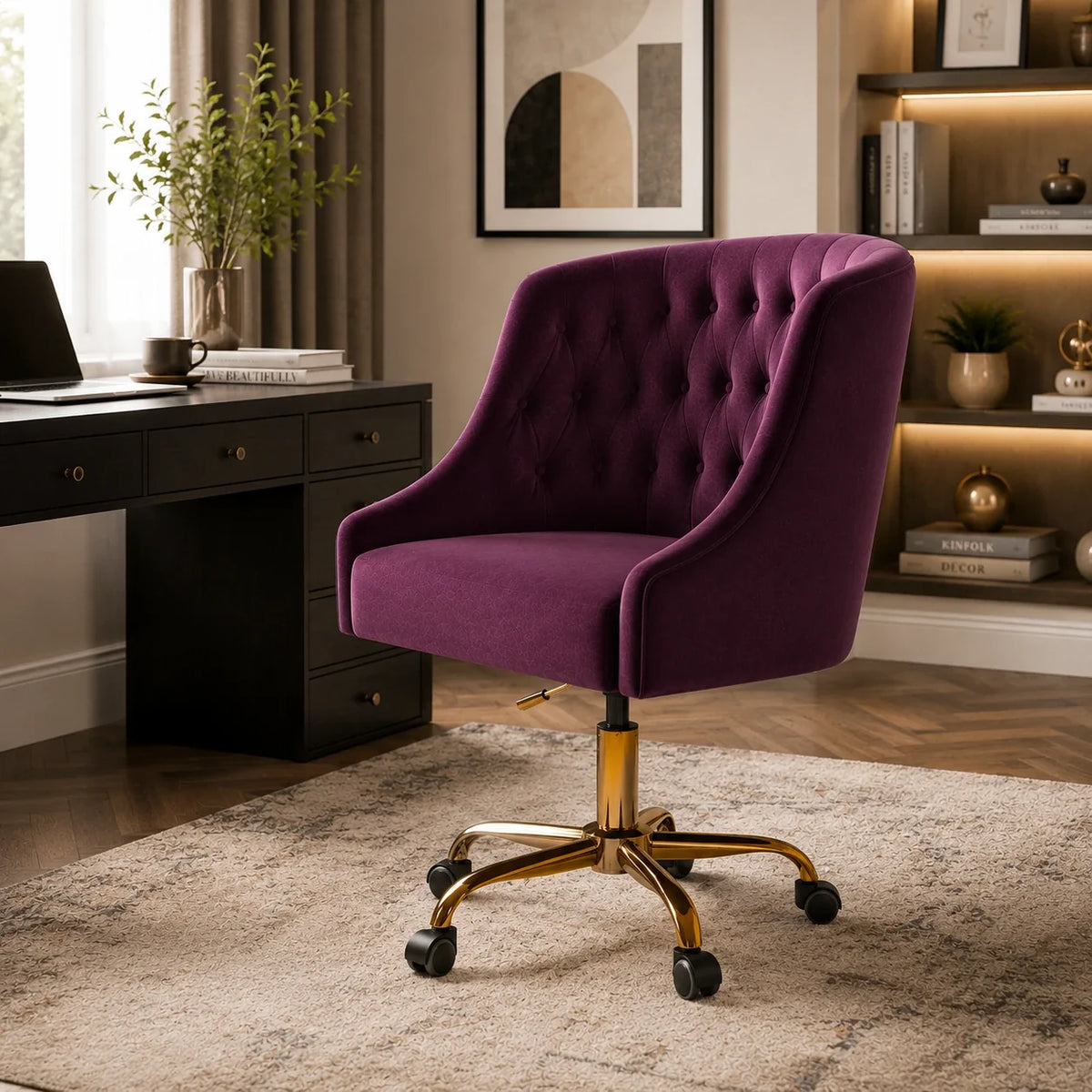 Comfort Tufted Back Magenta PU Foam Accent Chair with Golden Base
