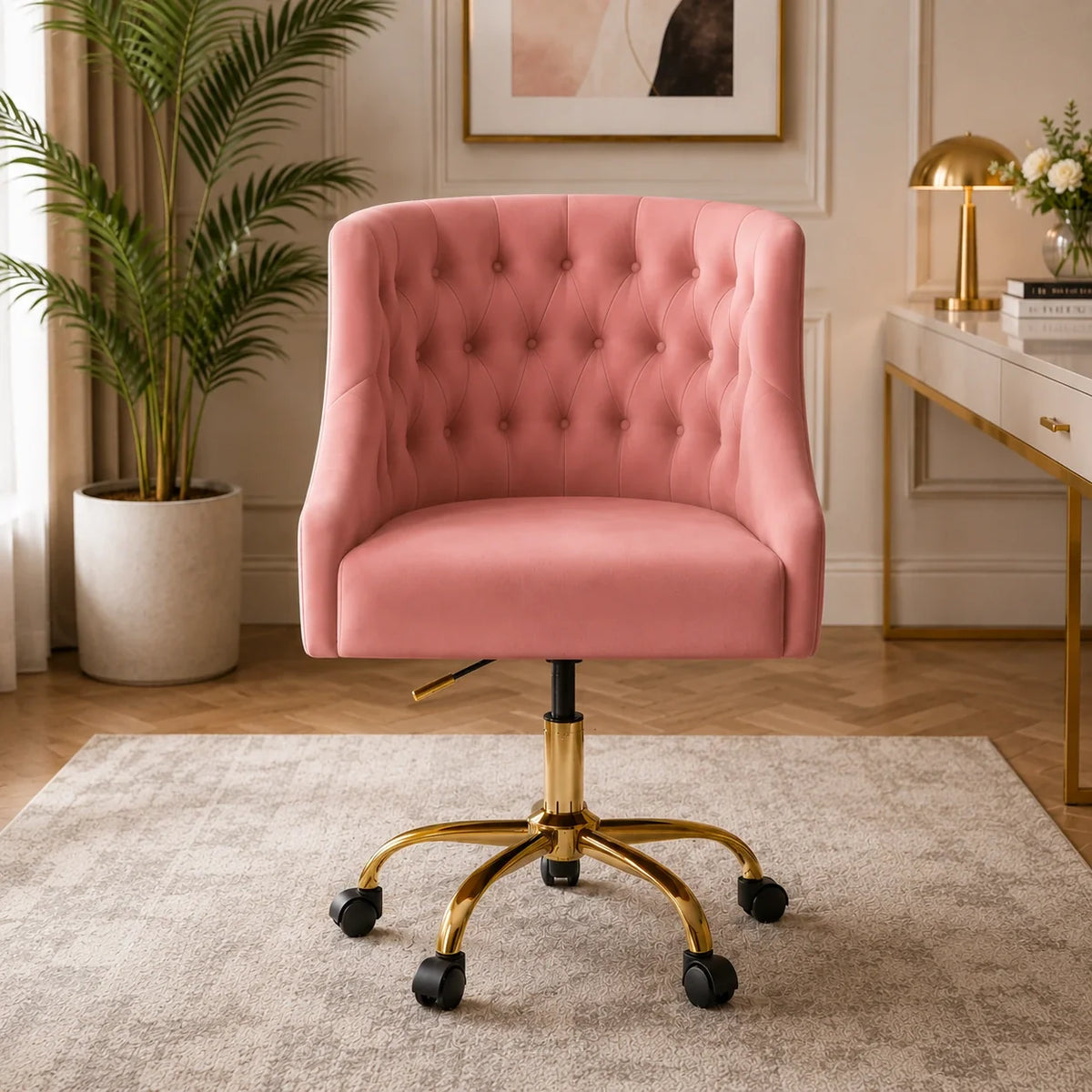 Comfort Tufted Back Pink PU Foam Accent Chair with Golden Base