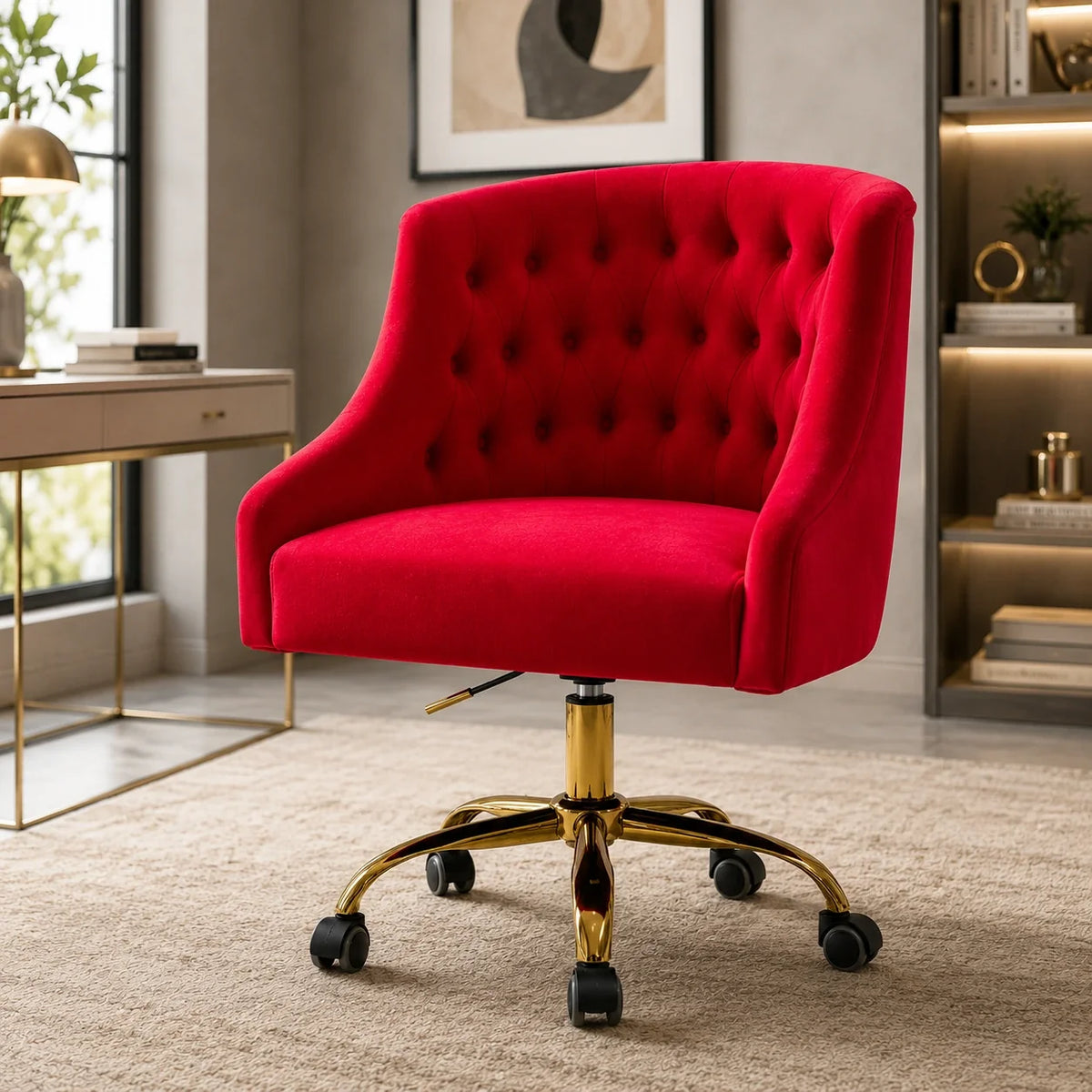 Comfort Tufted Back Red PU Foam Accent Chair with Golden Base