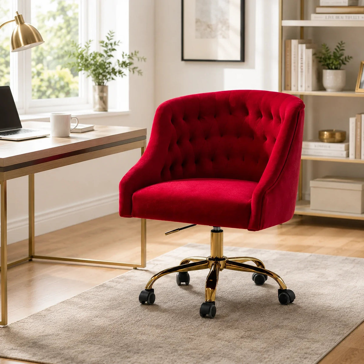 Comfort Tufted Back Red PU Foam Accent Chair with Golden Base