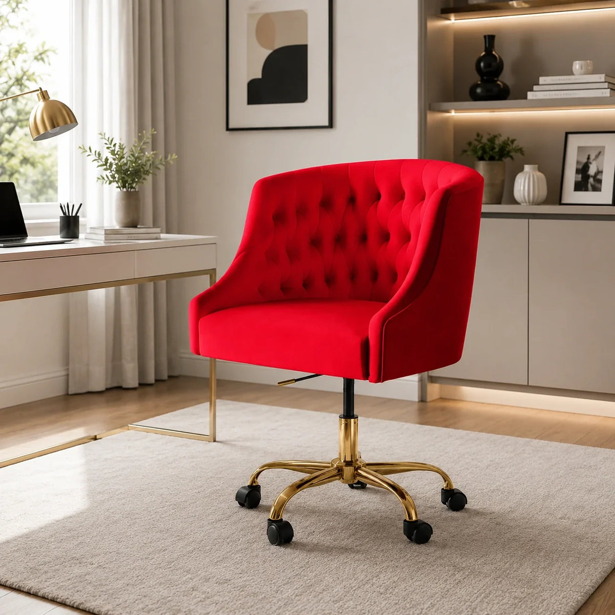 Comfort Tufted Back Red PU Foam Accent Chair with Golden Base