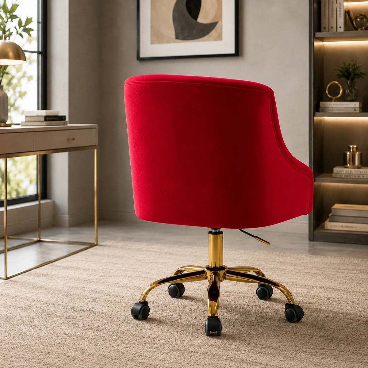 Comfort Tufted Back Red PU Foam Accent Chair with Golden Base