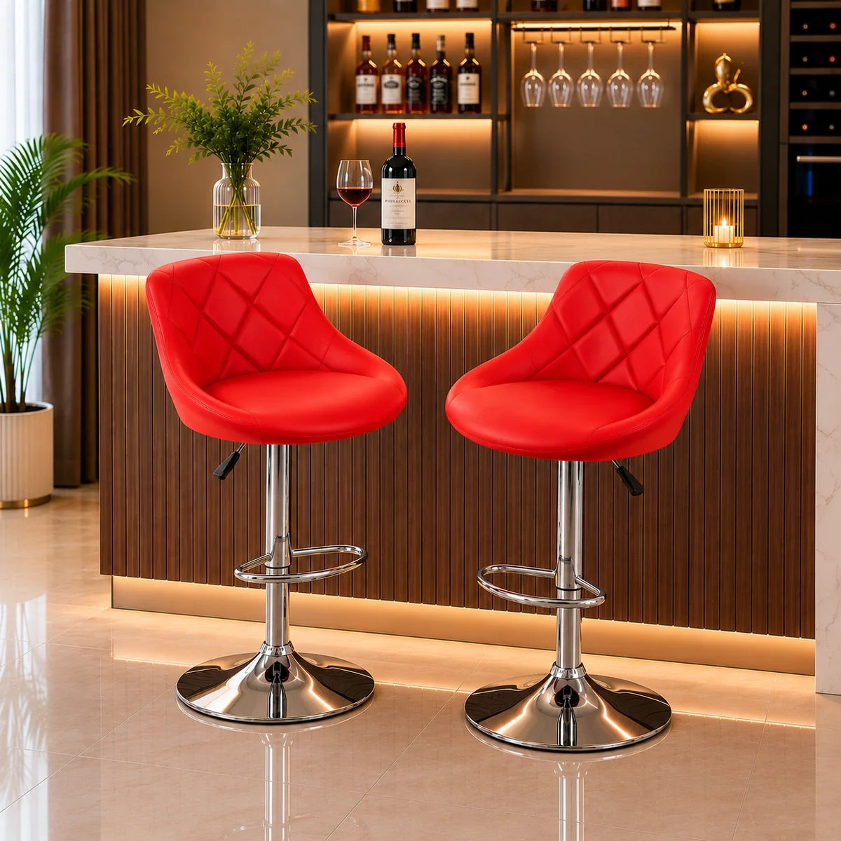 Comfy Back Rest Coral Red Leatherette Bar Stool / Long Chair