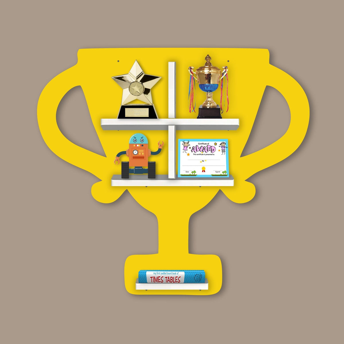 Competition Trophy Shape Wooden LED Light Wall Shelf for Kids