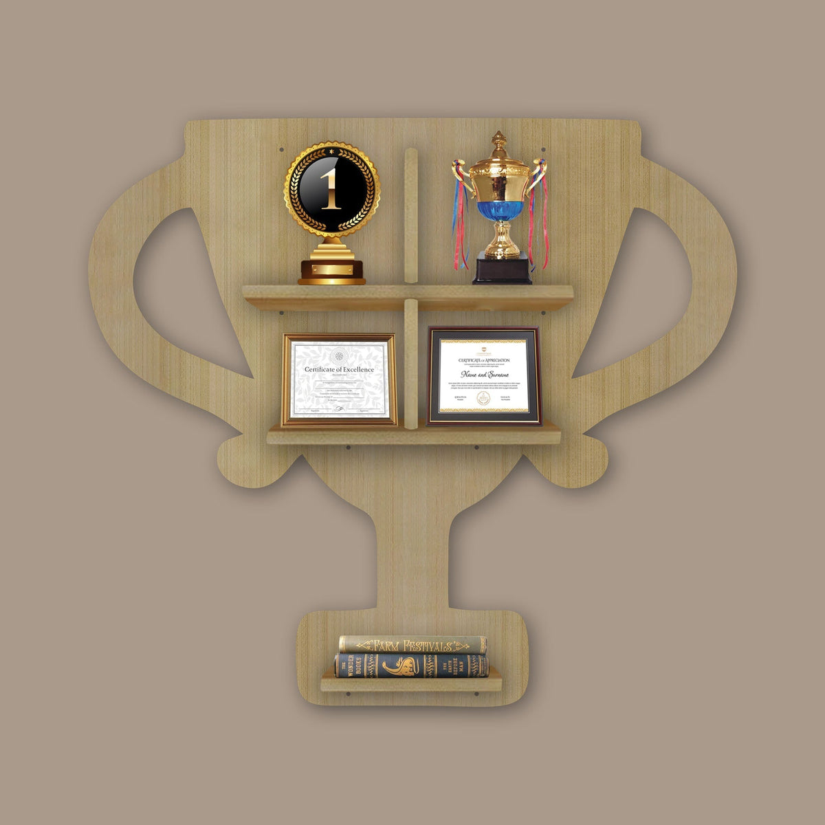 Competition Trophy Shape Wooden LED Light Wall Shelf with Oak Finish