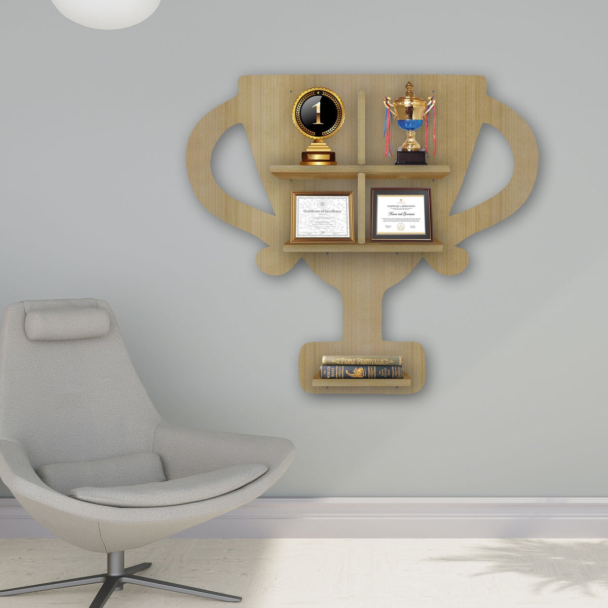 Competition Trophy Shape Wooden LED Light Wall Shelf with Oak Finish