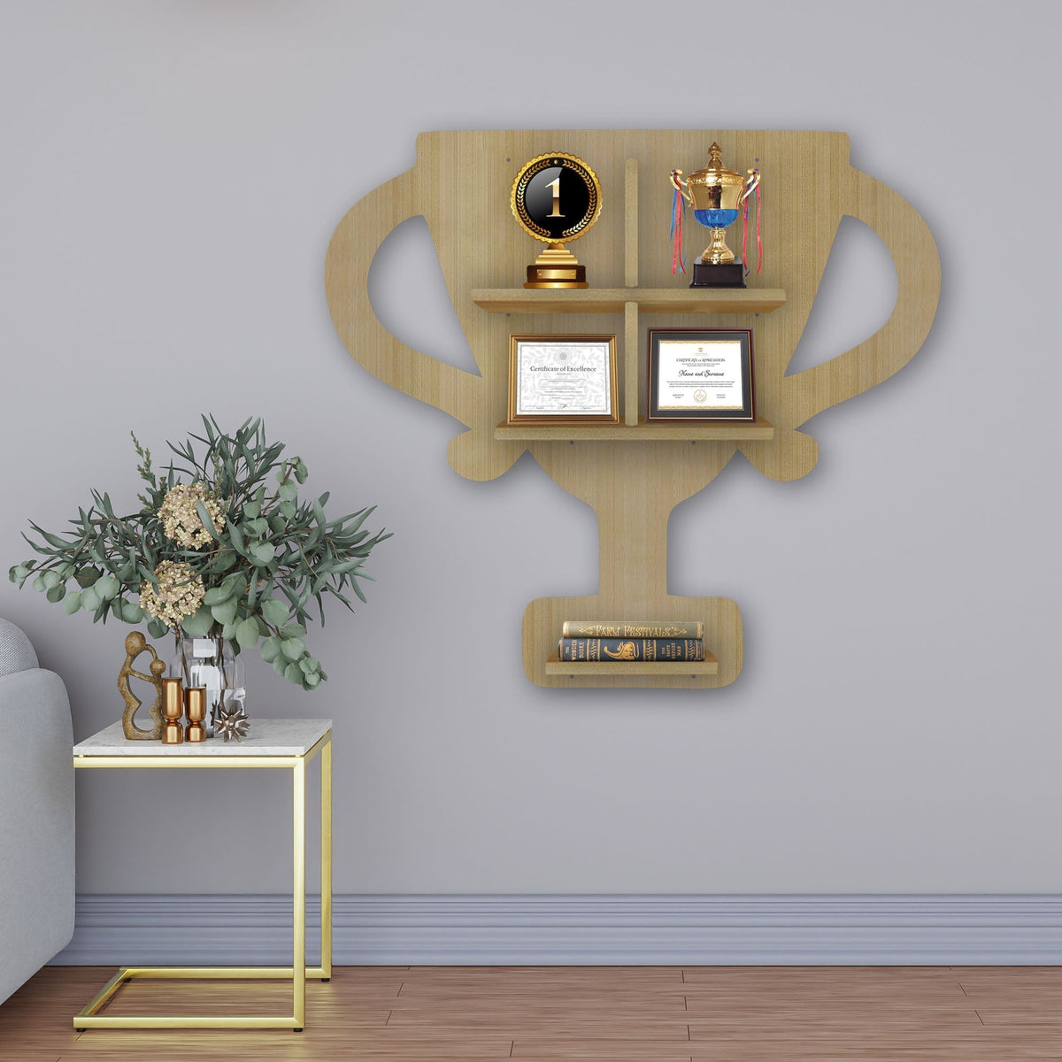 Competition Trophy Shape Wooden LED Light Wall Shelf with Oak Finish