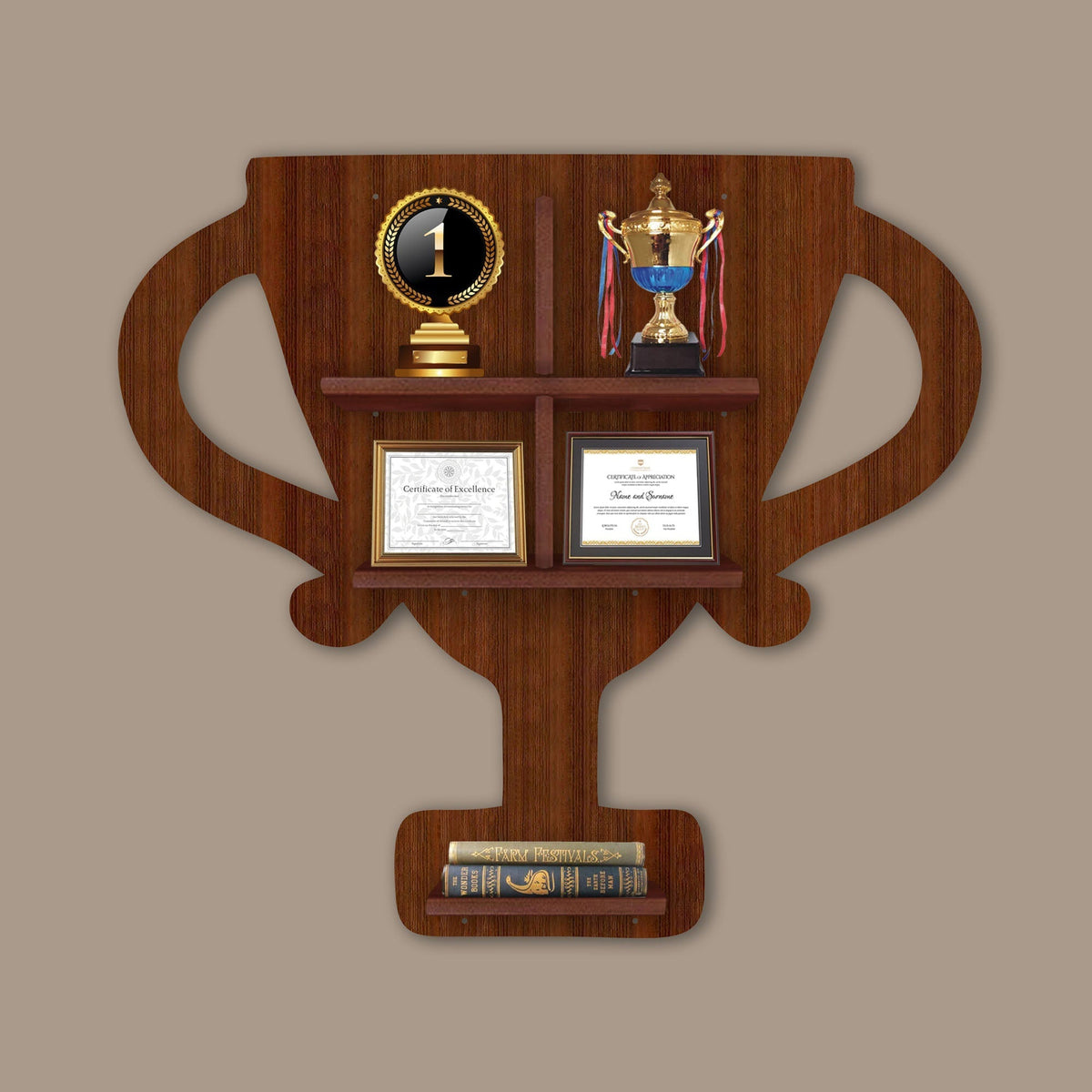 Competition Trophy Shape Wooden LED Light Wall Shelf with Walnut Finish