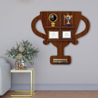 Competition Trophy Shape Wooden LED Light Wall Shelf with Walnut Finish