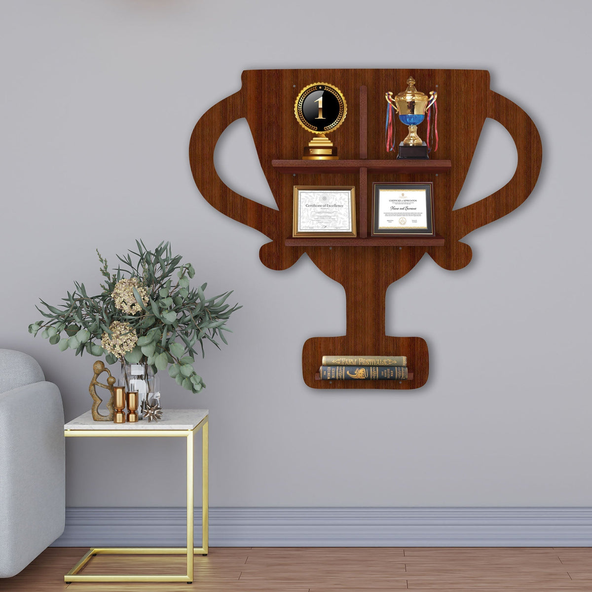 Competition Trophy Shape Wooden LED Light Wall Shelf with Walnut Finish