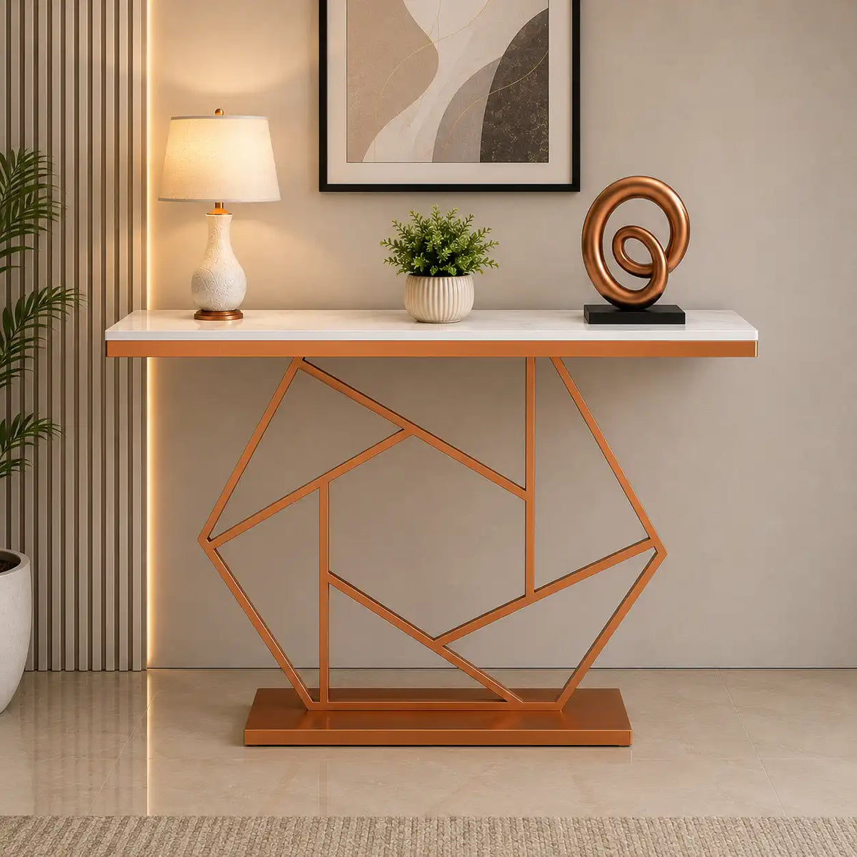 Contemporary Copper Finish Console Table In Hexagonal Design