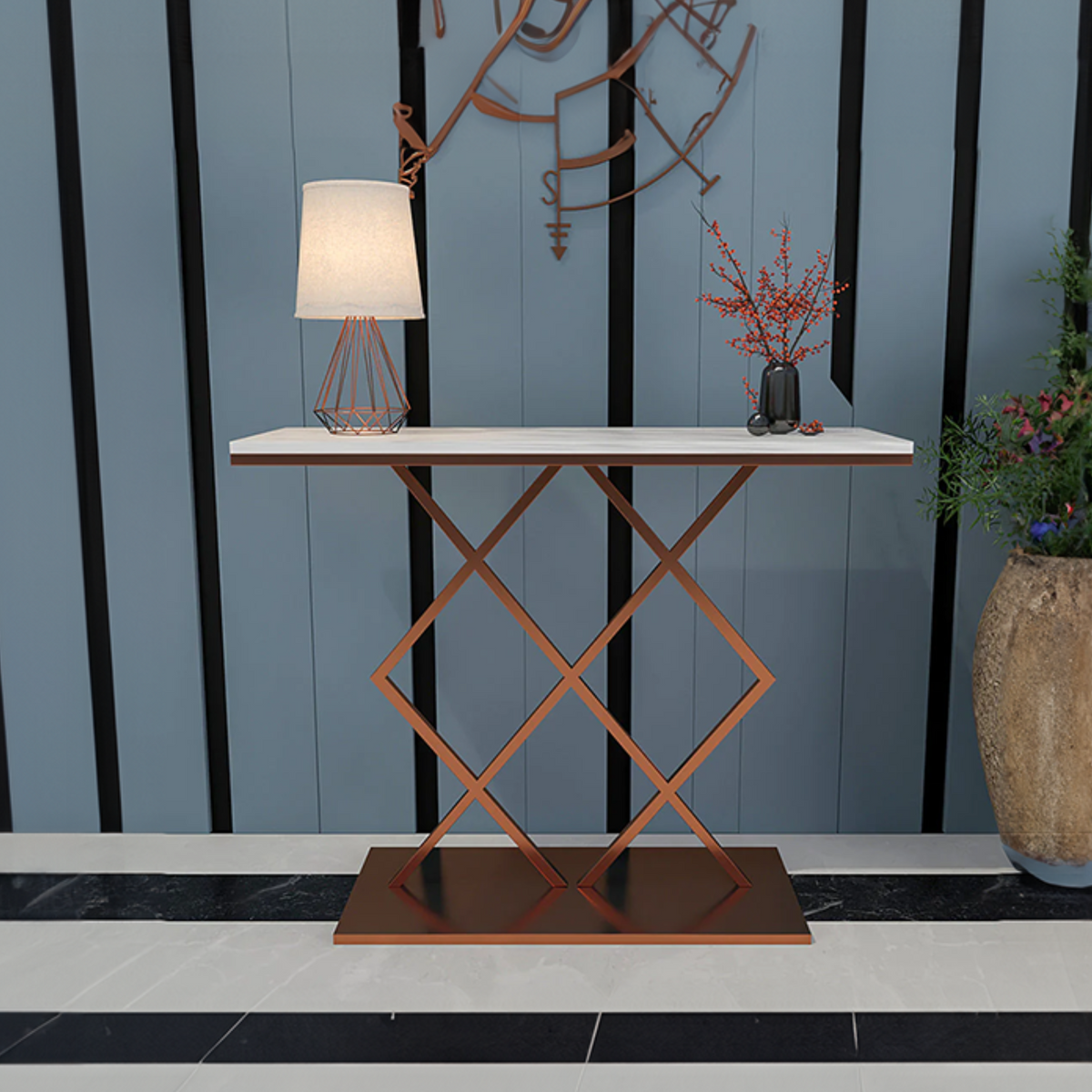 Copper Finish Console Table In Geometric Criss Cross Pattern