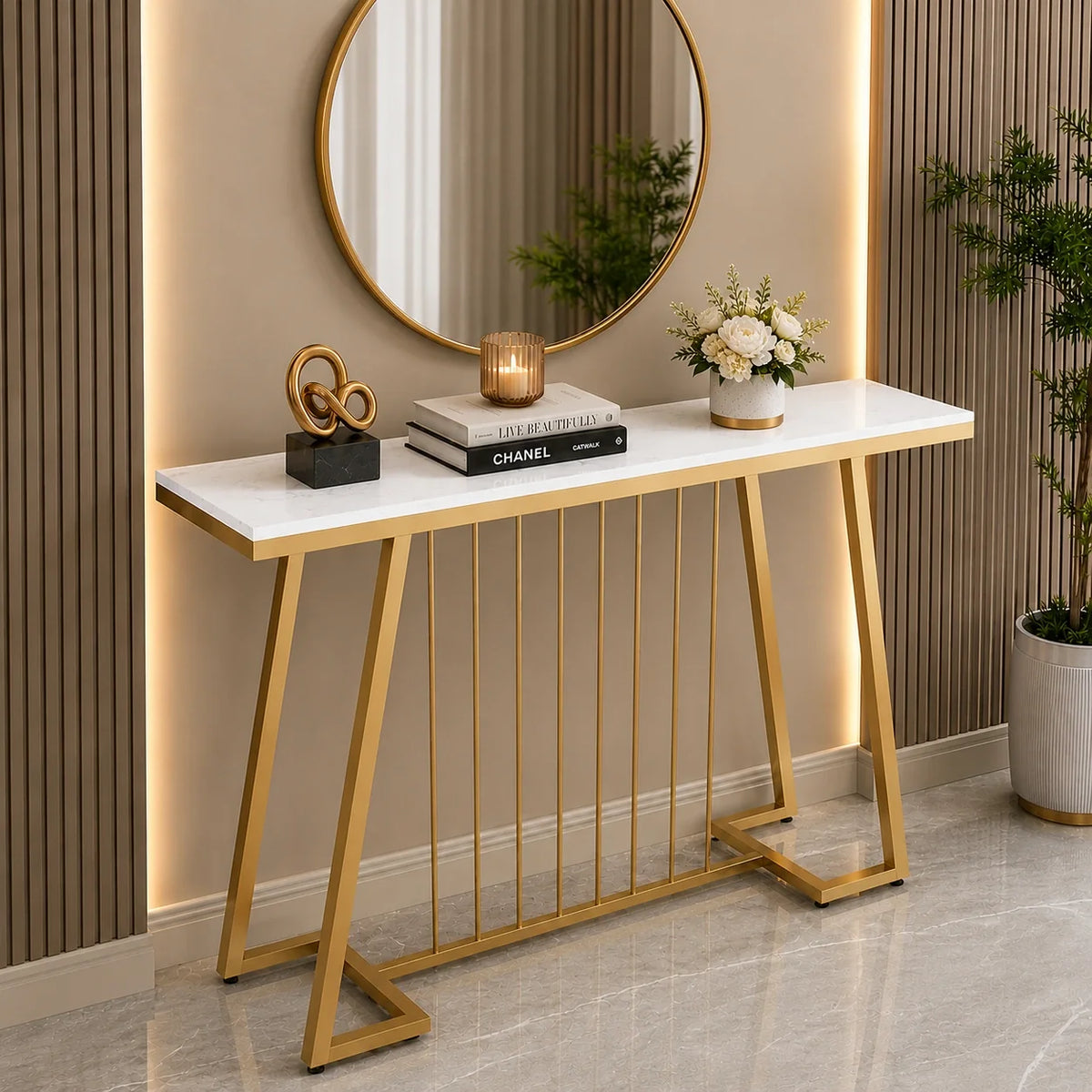 Creative White Marble Golden Top Console Table