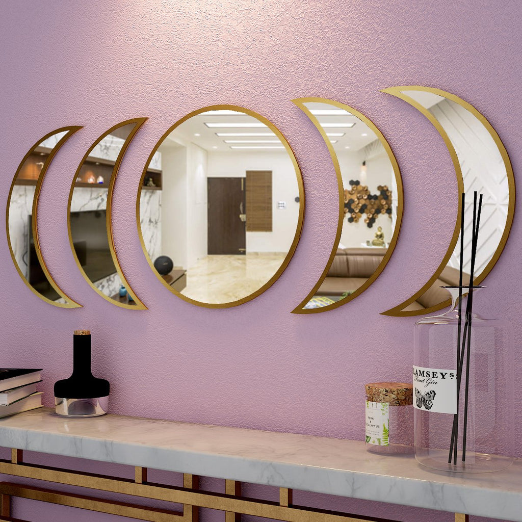 Cycle of Moon Designer Mirrors Set of Five in Golden Finish Frame