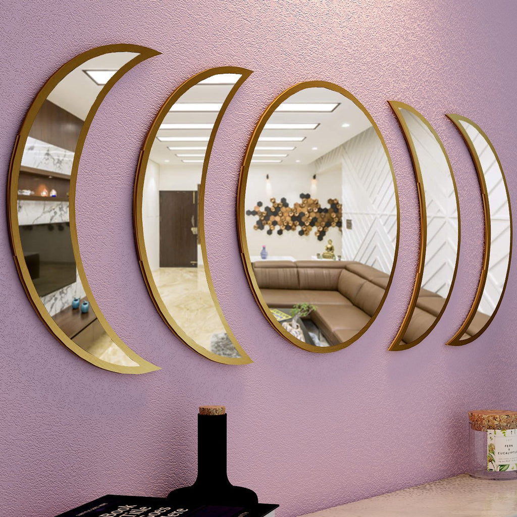 Cycle of Moon Designer Mirrors Set of Five in Golden Finish Frame