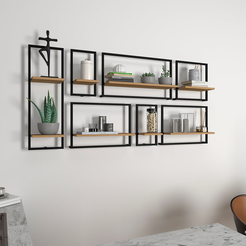 Decorative Metal Framed Wall Shelves In Urban Motif Set Of 7