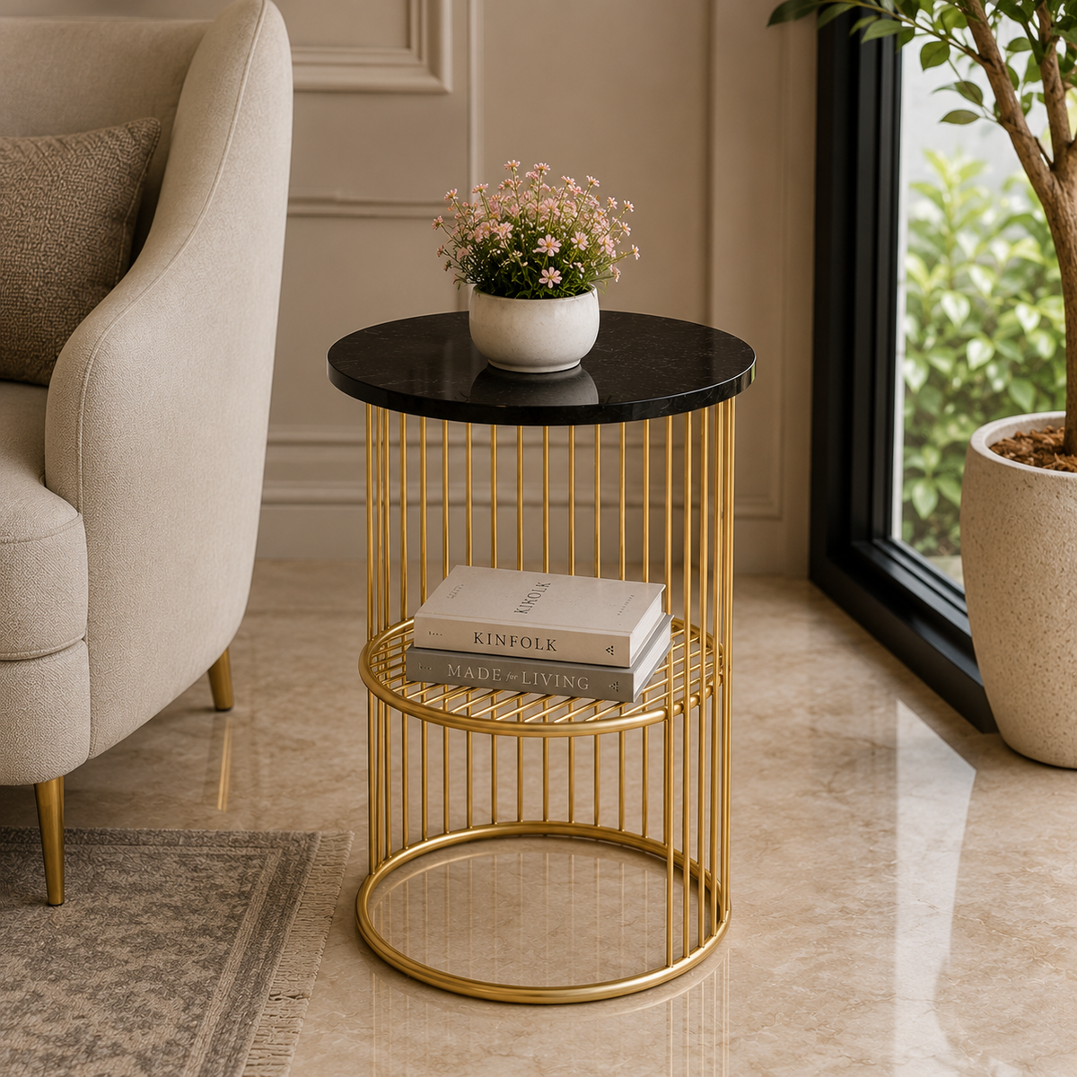 Designer Art Golden Half Caged Coffee Round Side Table