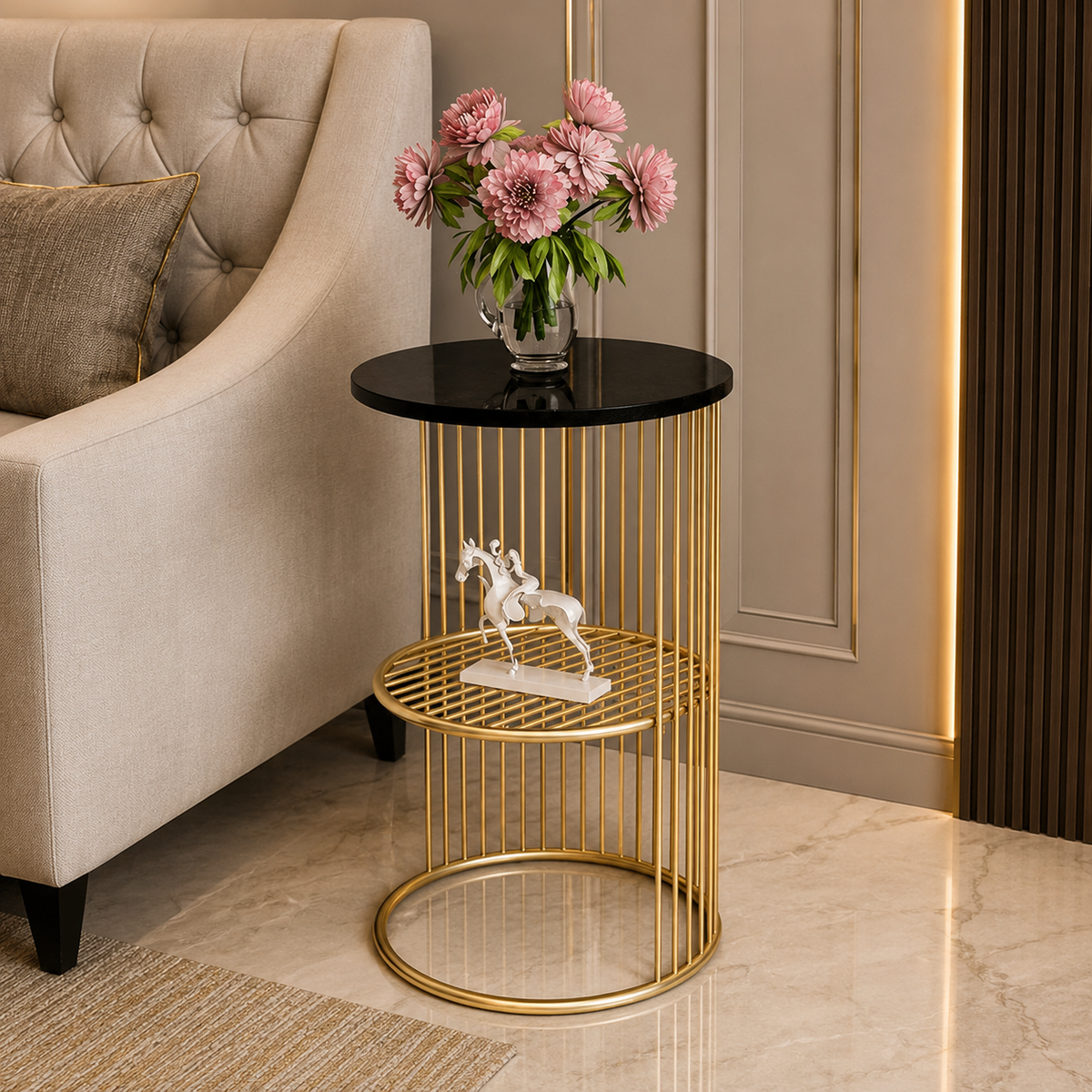 Designer Art Golden Half Caged Coffee Round Side Table