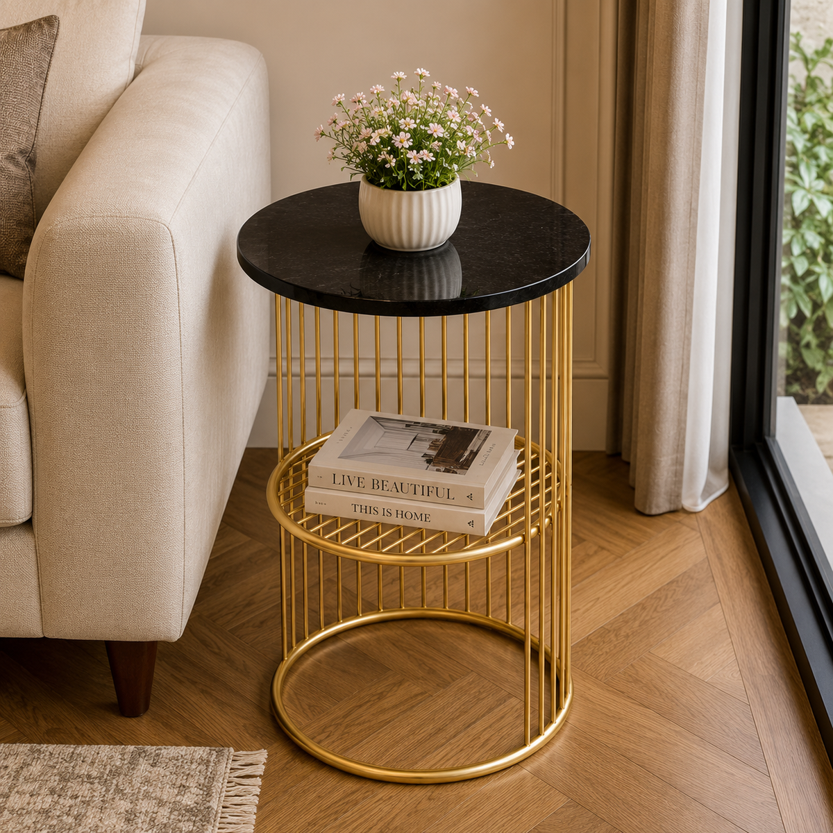 Designer Art Golden Half Caged Coffee Round Side Table