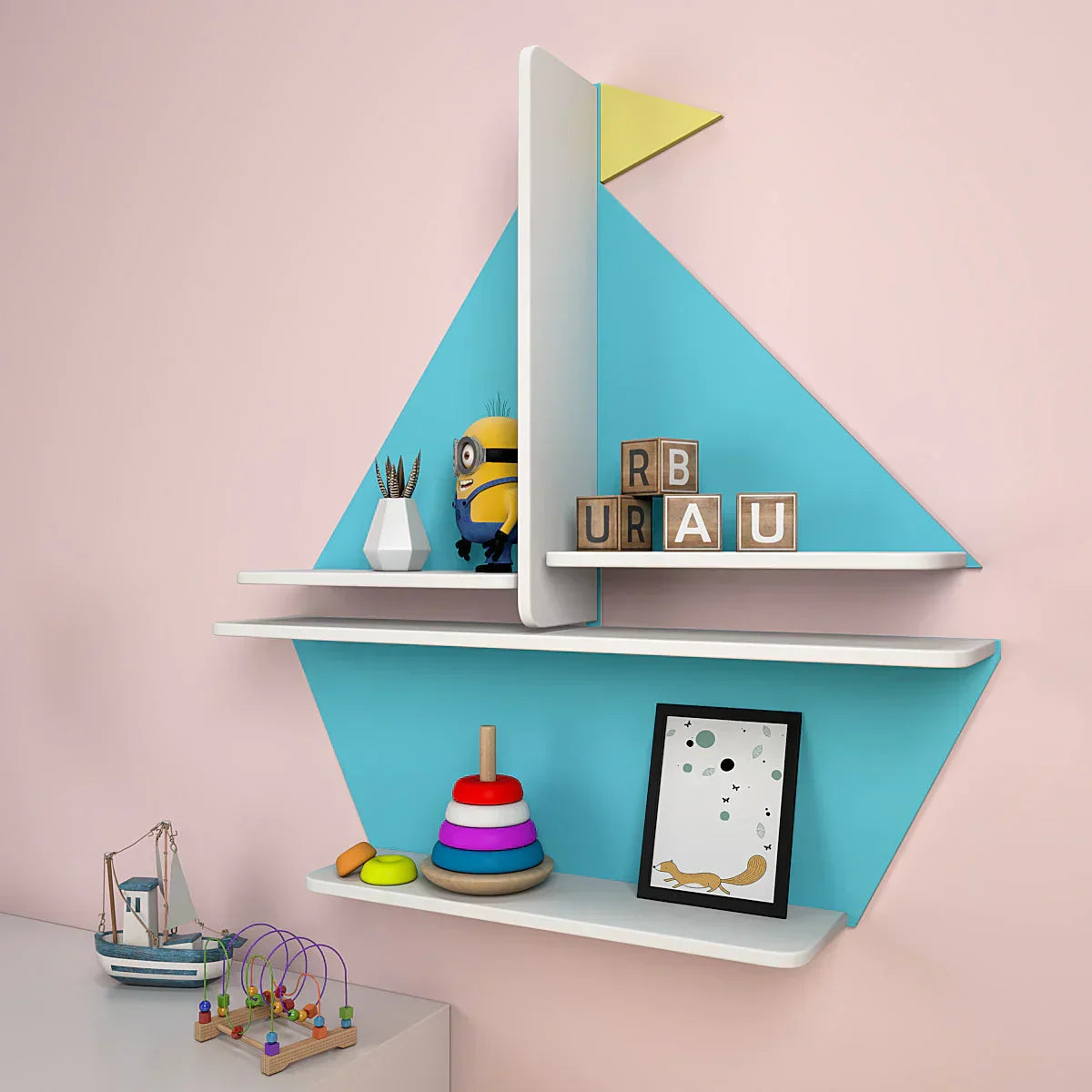 Designer Boat Shaped Blue Wooden Wall Shelf for Kids