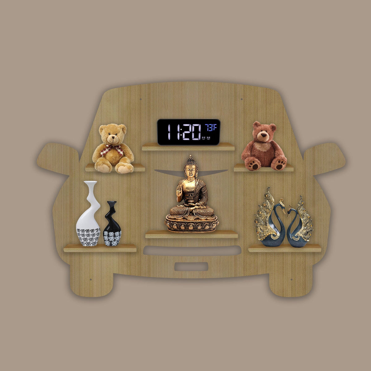 Designer Car Wooden LED Light Wall Shelf with Oak Finish