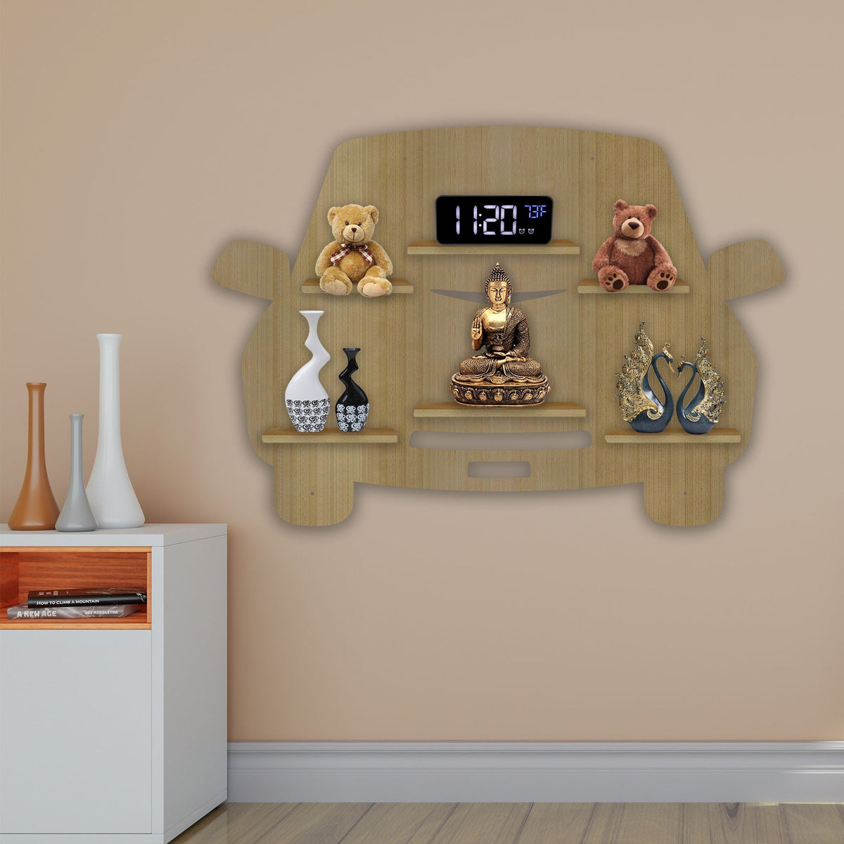 Designer Car Wooden LED Light Wall Shelf with Oak Finish