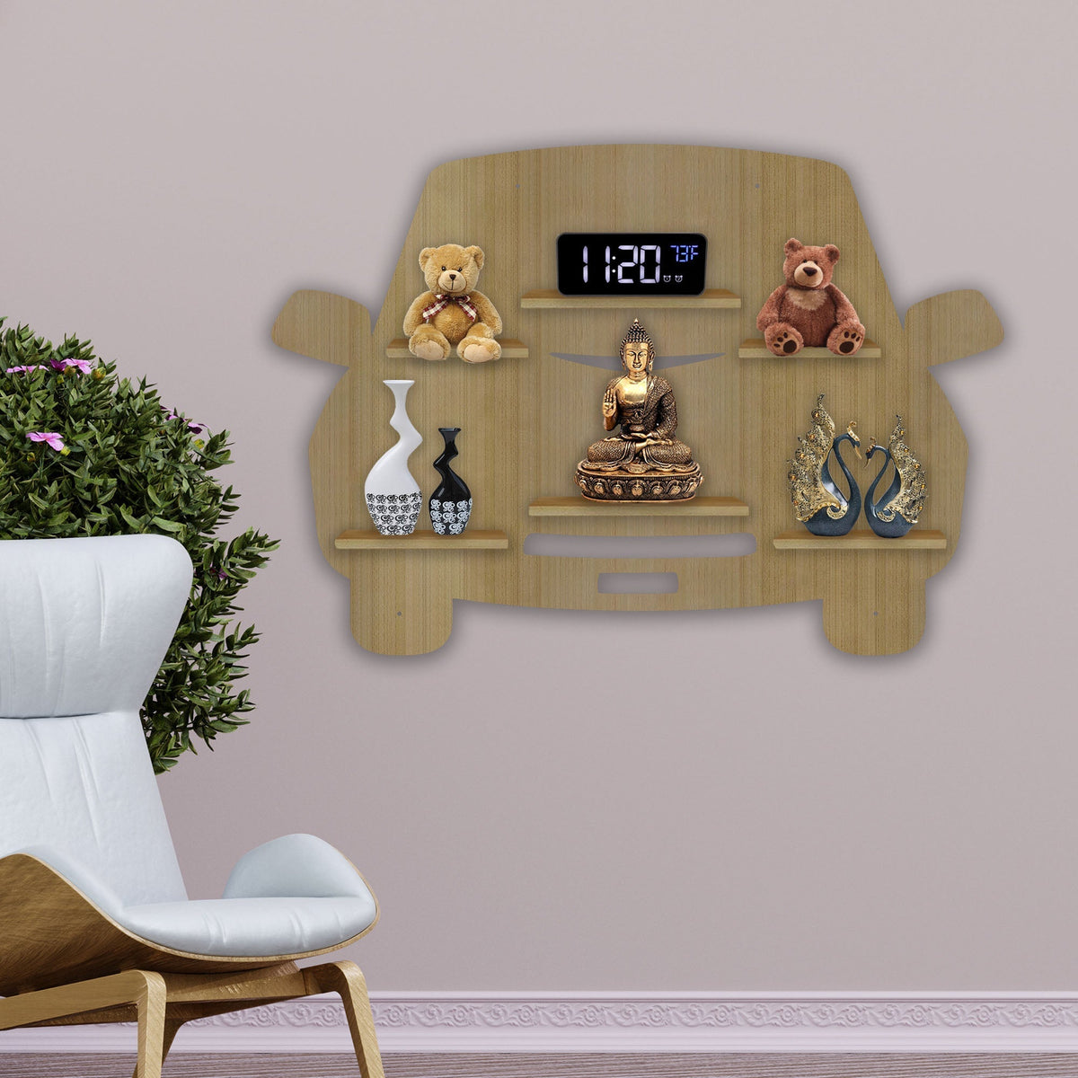 Designer Car Wooden LED Light Wall Shelf with Oak Finish