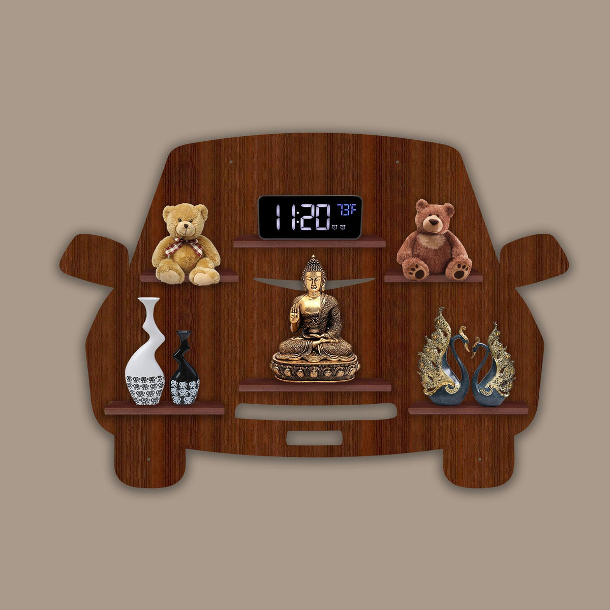 Designer Car Wooden LED Light Wall Shelf with Walnut Finish