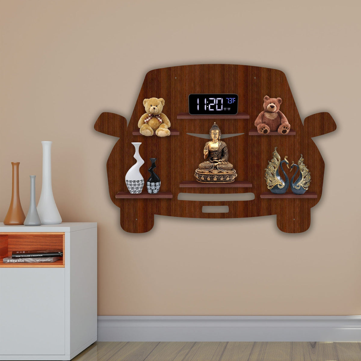 Designer Car Wooden LED Light Wall Shelf with Walnut Finish
